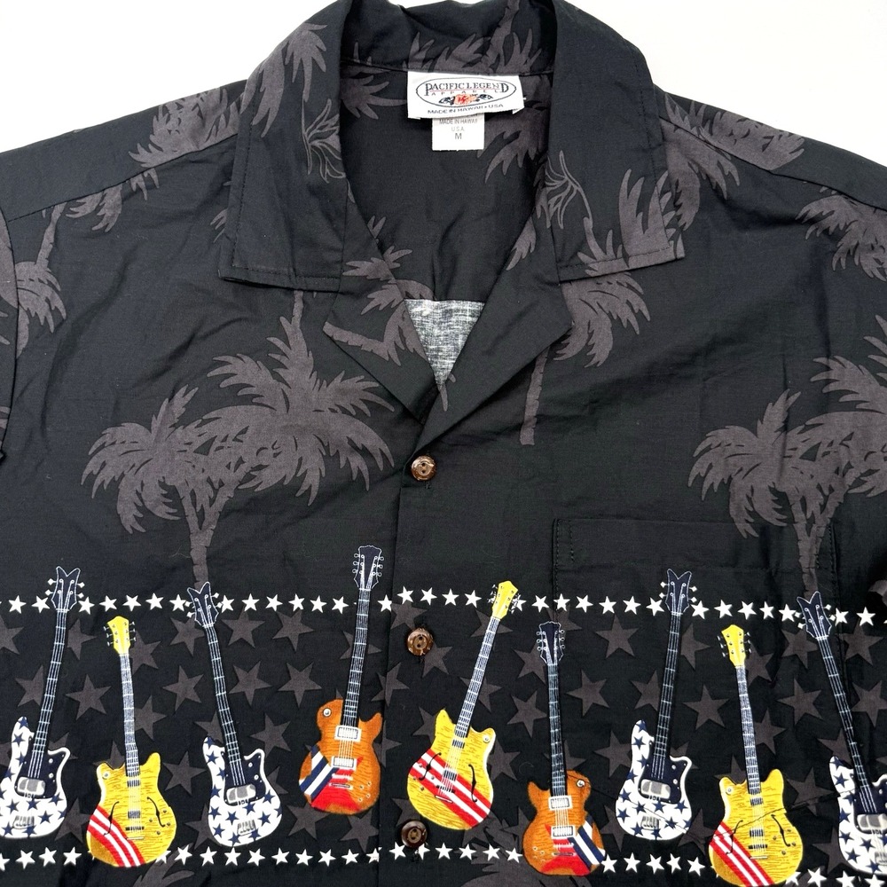 Pacific Legend Shirt Mens M Black Guitar Palm Tree Americana Hawaiian Aloha Rock